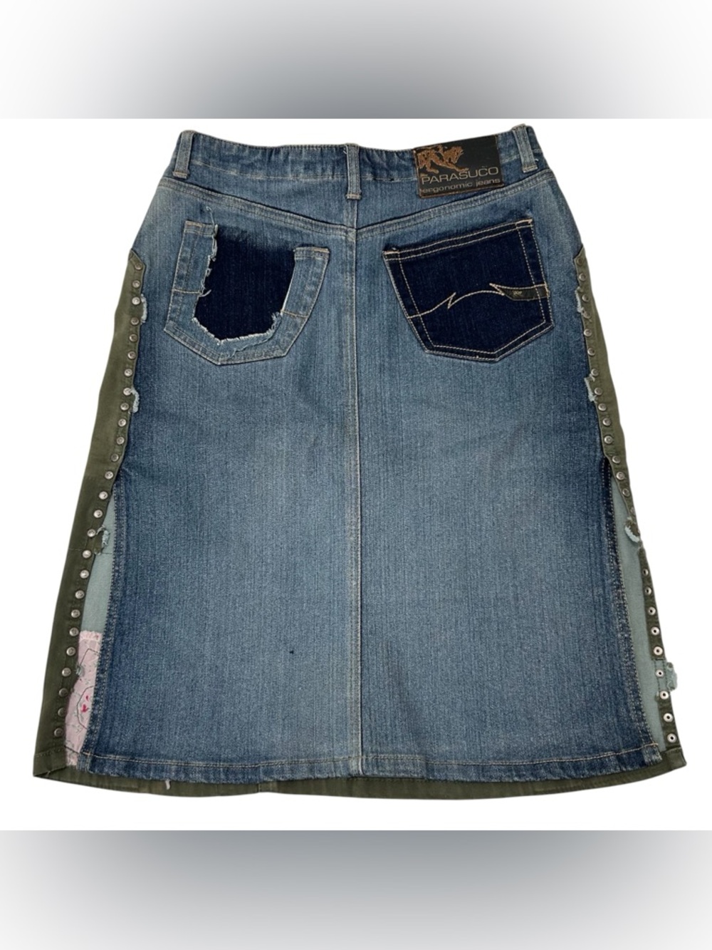Vintage Late 90s Y2K Parasuco Patchwork Midi Skirt Denim Army Green Size 2 Rare - Picture 3 of 11